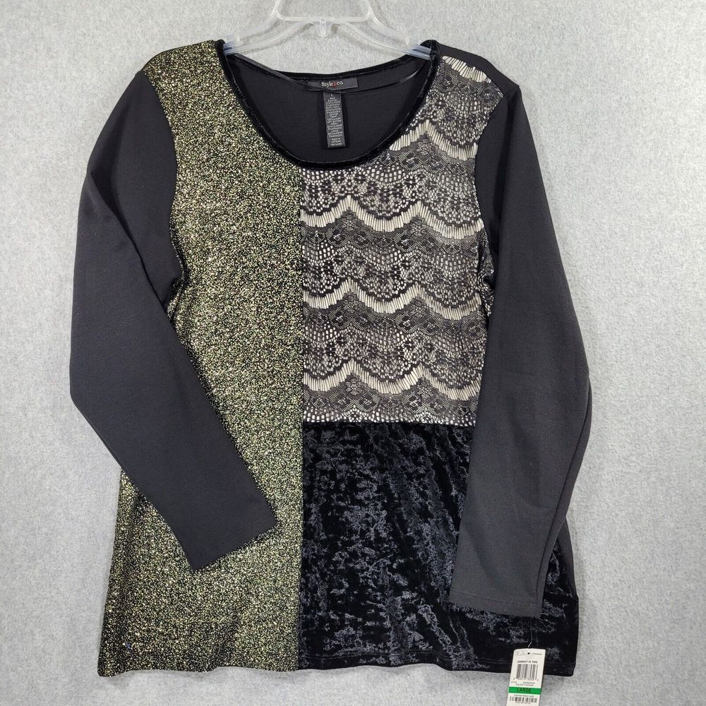 Style & Co Womens Top Holiday Patchwork Lace Sparkle Lined Black Gold Large